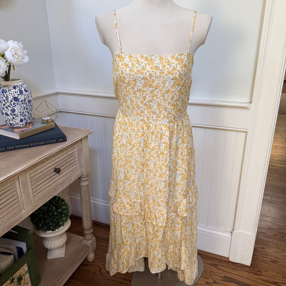 NWT Floral Midi Dress Yellow White Ruffle Tiered Open Back Womens L
